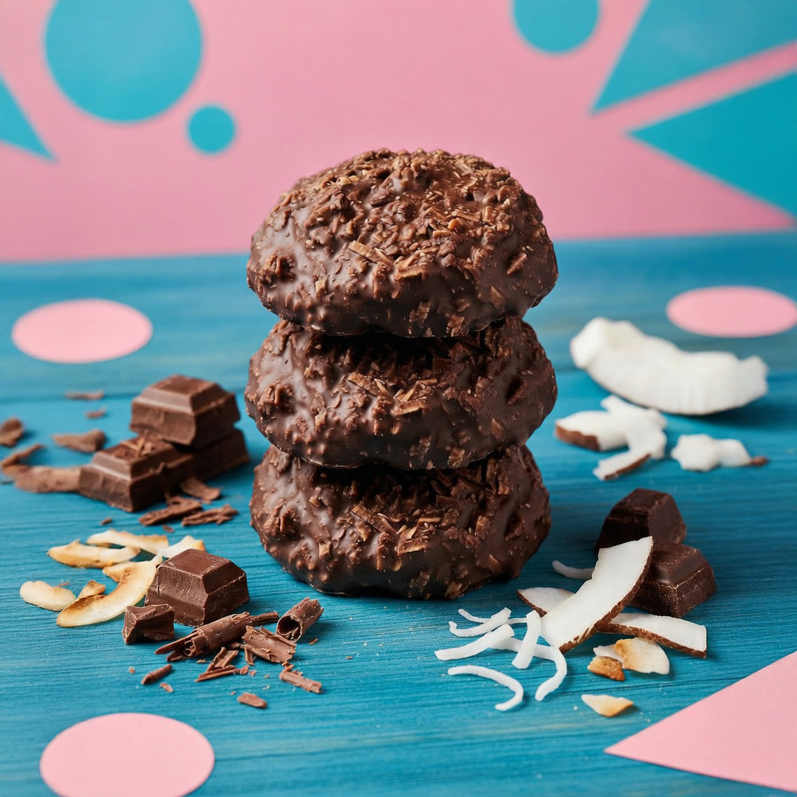 Three Coconut Roughs stacked with pieces of chocolate and coconut on a teal surface