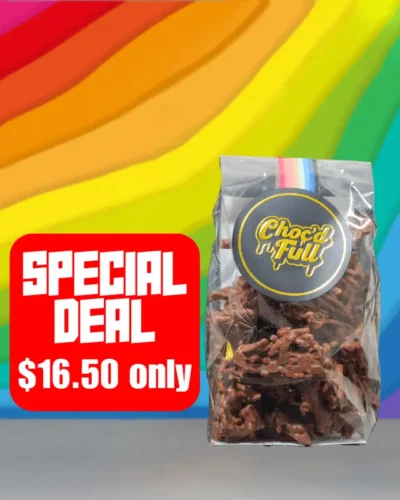 Choc'd Full A clear bag labeled Chocolate Spiders filled with chocolate treats sits in front of a colorful rainbow background and a red sign that reads, SPECIAL DEAL $16.50 only.